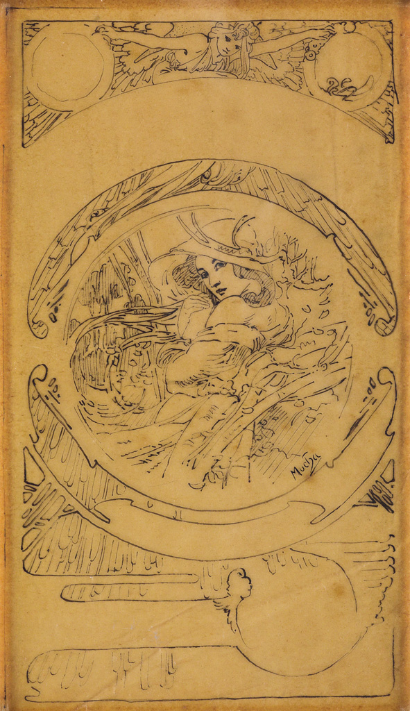 ALPHONSE MUCHA (1860-1939). [LE MOIS / NOVEMBER.] Pen and ink sketch. Circa 1899. 10x5 inches, 25x14 cm.